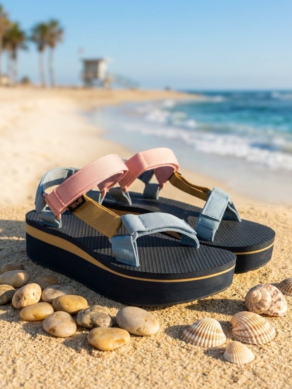 Teva sandals size 7 Women’s Pink, Light Blue & Gold Platform Sandal